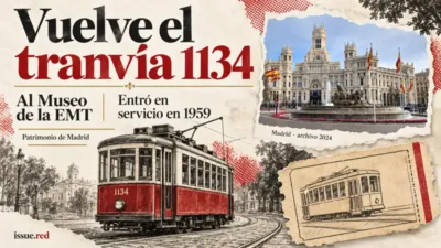 Collage con una fotografía de archivo de Cibeles y dibujos ilustrativos de tranvía para la incorporación del FIAT PCC 1134 al Museo de la EMT.
