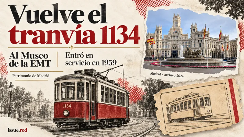 Collage con una fotografía de archivo de Cibeles y dibujos ilustrativos de tranvía para la incorporación del FIAT PCC 1134 al Museo de la EMT.