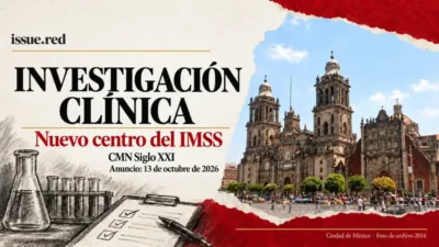 Collage de investigación clínica del IMSS con fotografía de archivo de Ciudad de México
