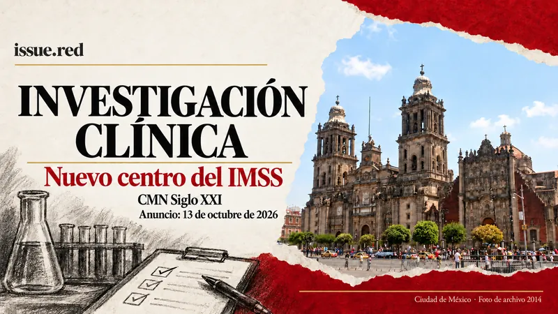 Collage de investigación clínica del IMSS con fotografía de archivo de Ciudad de México