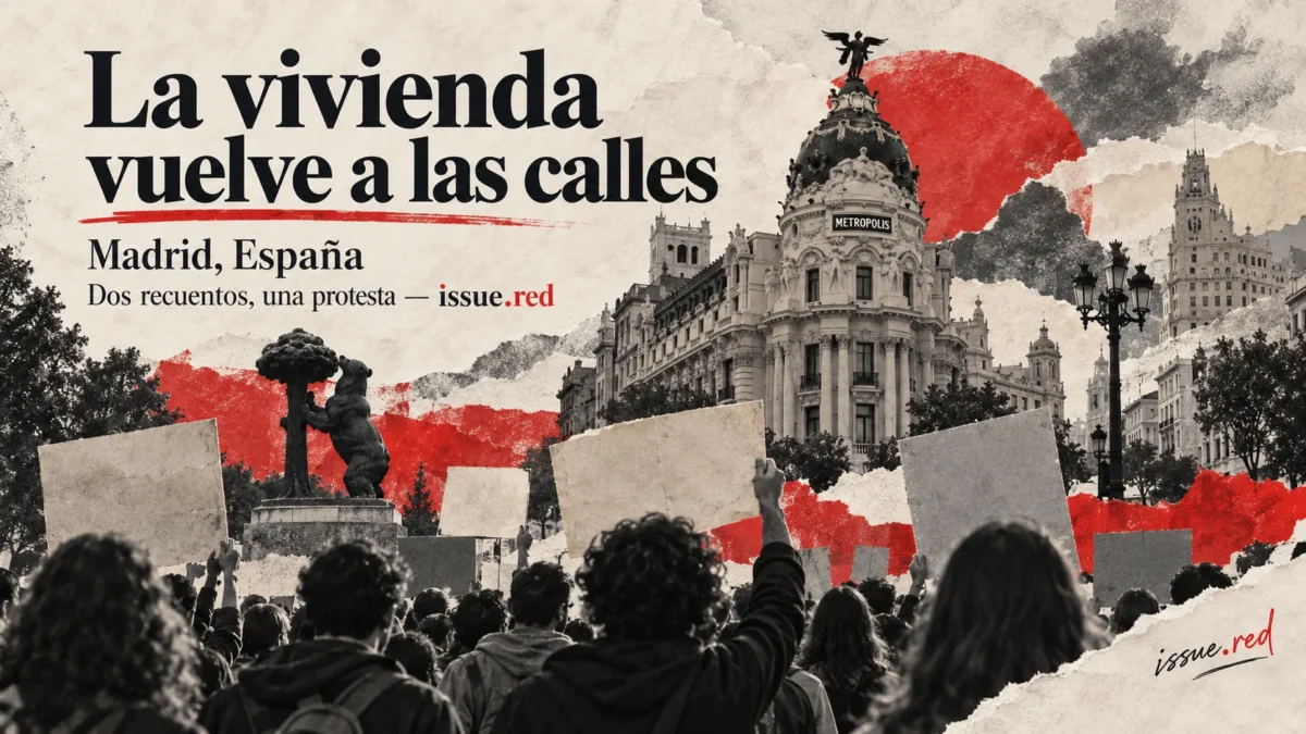 Collage editorial de una protesta por la vivienda y siluetas arquitectónicas de Madrid