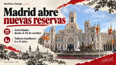 Collage editorial con fotografía de archivo del Palacio de Cibeles y dibujos de paisaje urbano