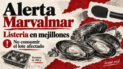 Collage editorial con micrófono de archivo y dibujos simbólicos de mejillones; alerta Marvalmar y recomendación de no consumir