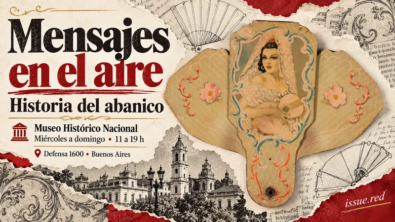 Collage editorial con fotografía real de un abanico pantalla articulado difundida por la Secretaría de Cultura para la exposición.
