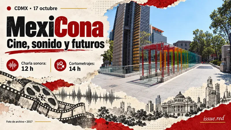 Collage editorial con fotografía de archivo de la entrada del Centro de Cultura Digital y los horarios del 17 de octubre.