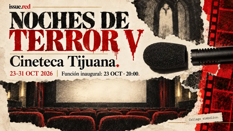 Collage simbólico de cine con micrófono de archivo y dibujos de una pantalla y butacas