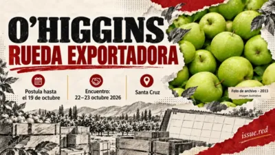 Collage sobre la rueda exportadora de O’Higgins con manzanas de una fotografía de archivo y dibujos simbólicos de cajas y agenda.