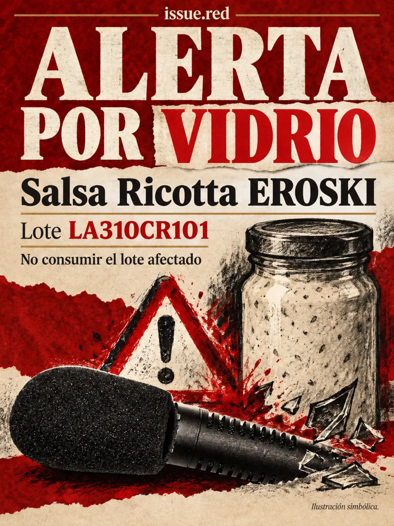 Collage de micrófono de archivo y bote de salsa simbólico, con aviso del lote LA310CRI01
