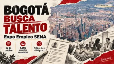 Collage editorial con fotografía de archivo de Bogotá y dibujos ilustrativos de una hoja de vida y orientación laboral