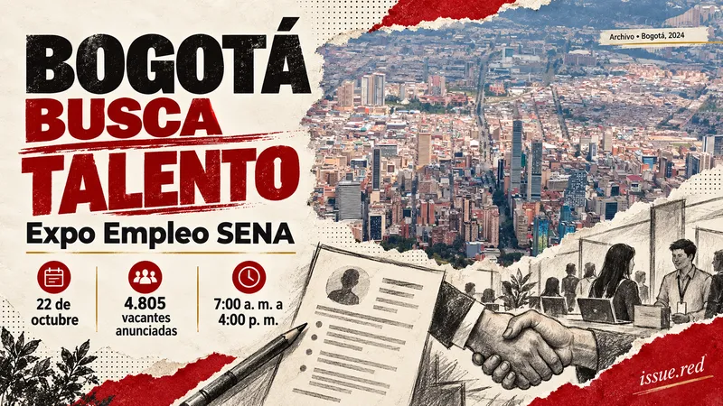 Collage editorial con fotografía de archivo de Bogotá y dibujos ilustrativos de una hoja de vida y orientación laboral
