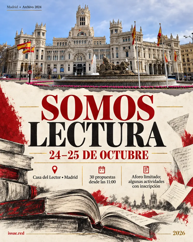 Collage editorial con fotografía de archivo del Palacio de Cibeles y dibujos de libros para el festival Somos Lectura