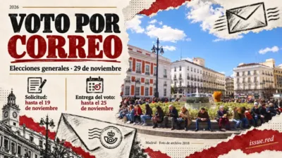 Collage sobre los plazos del voto por correo con fotografía de archivo de Madrid