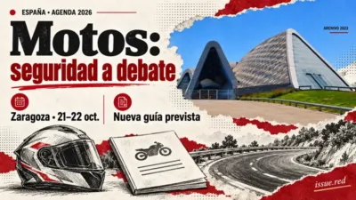 Collage editorial con foto de archivo del Pabellón Puente de Zaragoza y dibujos de casco y carretera