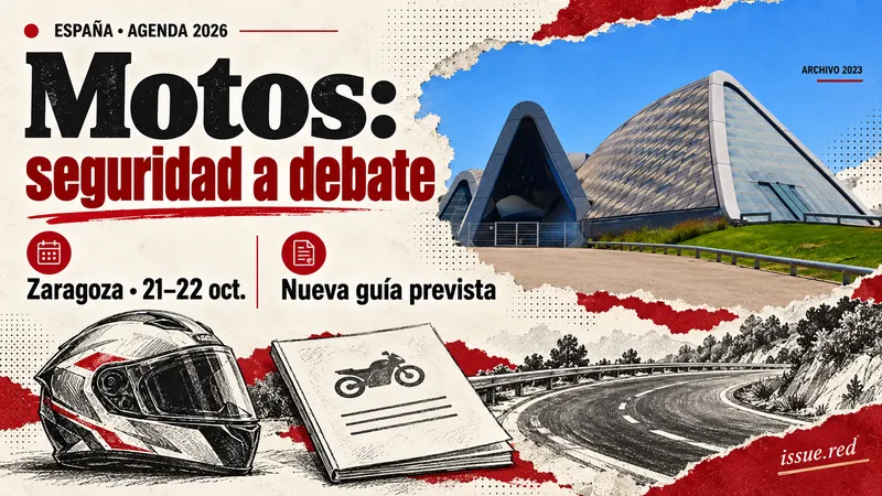 Collage editorial con foto de archivo del Pabellón Puente de Zaragoza y dibujos de casco y carretera