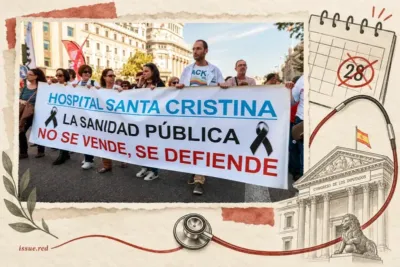 Collage editorial en papel crema con una fotografía de archivo de la Marea Blanca en Madrid en 2013; no muestra una protesta de 2026.