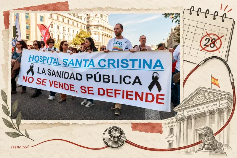 Collage editorial en papel crema con una fotografía de archivo de la Marea Blanca en Madrid en 2013; no muestra una protesta de 2026.