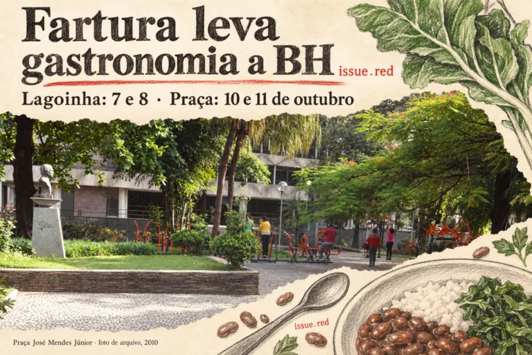 Collage em papel creme com foto de arquivo da praça e desenhos culinários