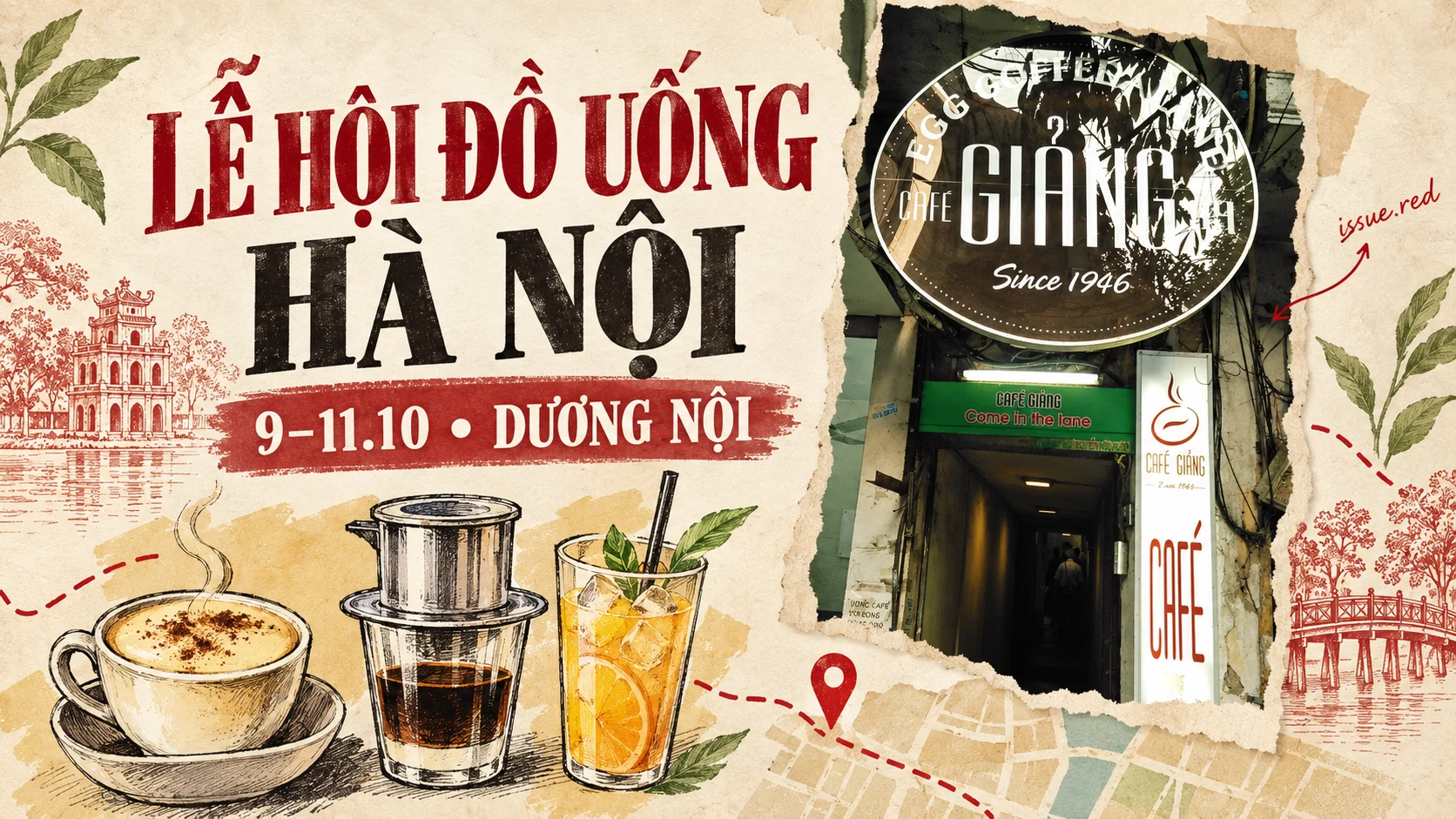 Ảnh bìa giấy màu kem giới thiệu lễ hội đồ uống Hà Nội, lịch 9–11/10 tại Dương Nội, cùng ảnh lưu trữ quán cà phê Giảng và hình vẽ trà, cà phê phin, nước trái cây