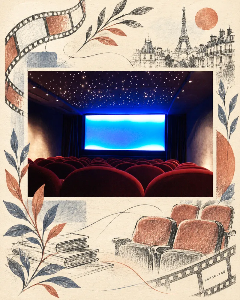 Collage sur papier crème avec une photo d’archive d’une salle de cinéma parisienne ; la photographie ne montre pas l’Agora de la santé ni l’événement annoncé