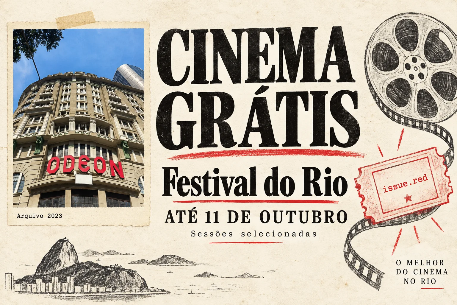 Colagem de papel creme com fotografia de arquivo do Cine Odeon e desenhos de rolo de filme e ingresso