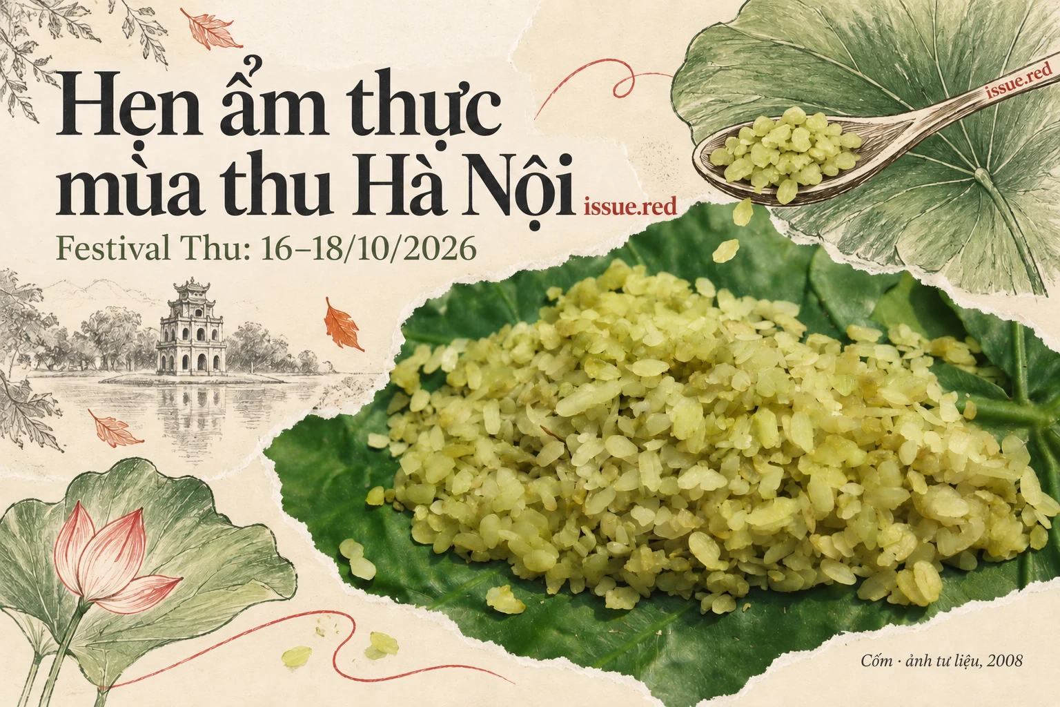 Collage giấy màu kem với ảnh cốm tư liệu và nét vẽ lá sen, thìa