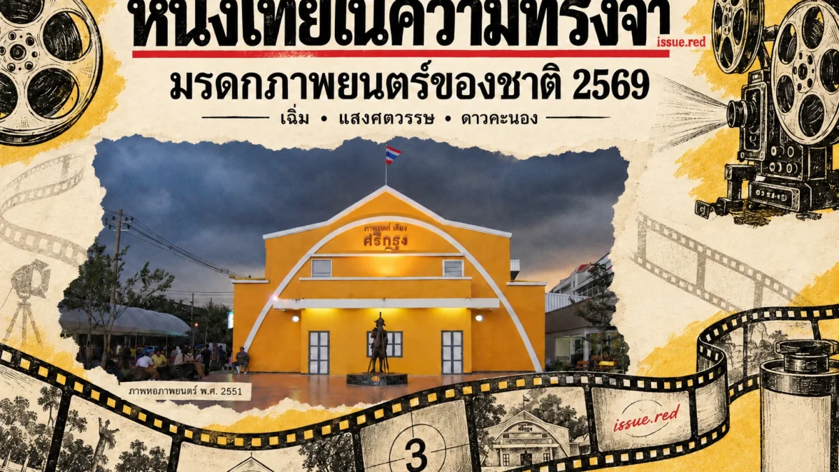 คอลลาจกระดาษครีม ภาพอาคารหอภาพยนตร์ย้อนหลังผสมลายวาดฟิล์มและเครื่องฉาย