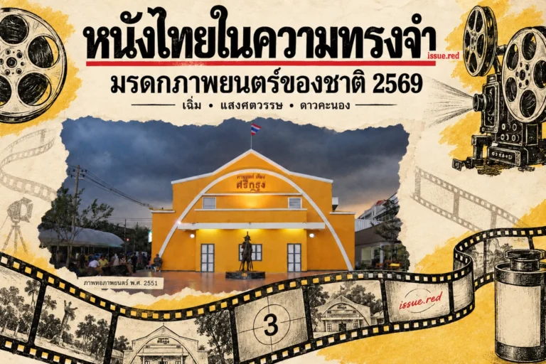 คอลลาจกระดาษครีม ภาพอาคารหอภาพยนตร์ย้อนหลังผสมลายวาดฟิล์มและเครื่องฉาย
