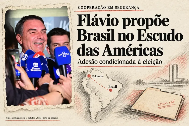 Colagem em papel creme com fotografia de arquivo de Flávio Bolsonaro em entrevista, desenho da América do Sul e texto que condiciona a proposta à eleição