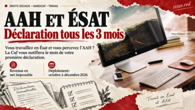 Collage sur la déclaration trimestrielle AAH en Ésat, avec une photo illustrative de bureau de 2014