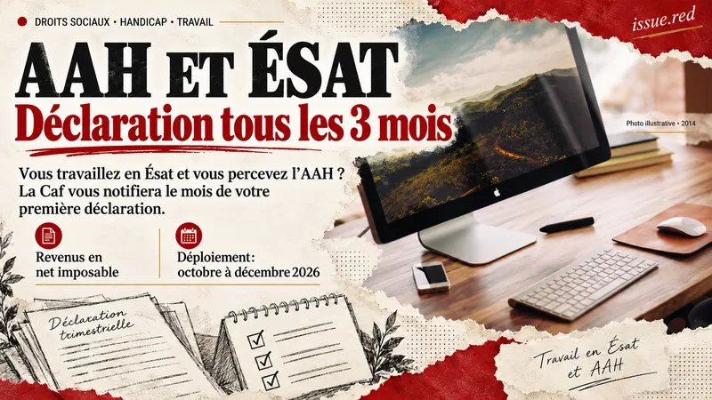 Collage sur la déclaration trimestrielle AAH en Ésat, avec une photo illustrative de bureau de 2014