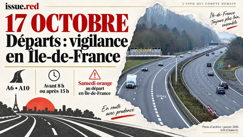 Collage avec photo d’archive de l’A10 en janvier2026, horaires conseillés et prévisions du17octobre.