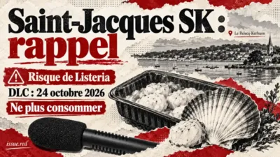 Collage éditorial symbolique avec microphone d’archive, barquette dessinée et rappel de ne plus consommer la référence SK