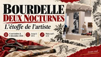 Collage avec une vue de l’exposition L’étoffe de l’artiste et des dessins de ciseaux, tissu et pinceau pour les nocturnes des 6 novembre et 4 décembre 2026
