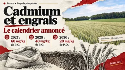 Collage sur le calendrier français annoncé pour le cadmium dans les engrais, avec photographie agricole d’archive et dessins de sols.