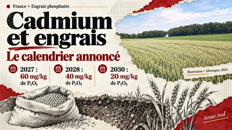 Collage sur le calendrier français annoncé pour le cadmium dans les engrais, avec photographie agricole d’archive et dessins de sols.