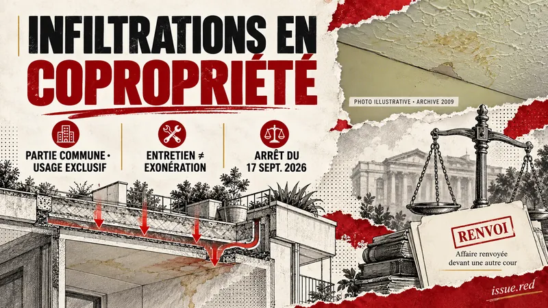 Infiltrations en copropriété:terrasse commune à usage exclusif,clause d’entretien,responsabilité du syndicat;photo illustrative2009.