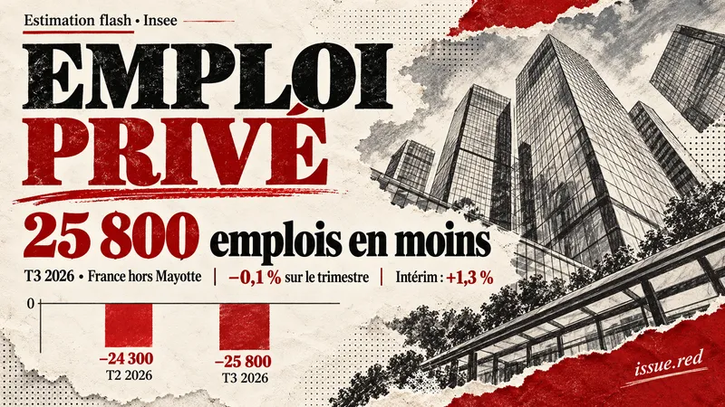 Infographie : 25 800 emplois salariés privés en moins au troisième trimestre 2026, baisse de 0,1 % et hausse de l'intérim de 1,3 %