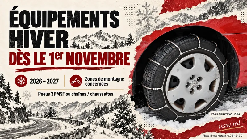 Collage illustrant les équipements hivernaux avec une photographie d’archives d’une roue munie de chaînes