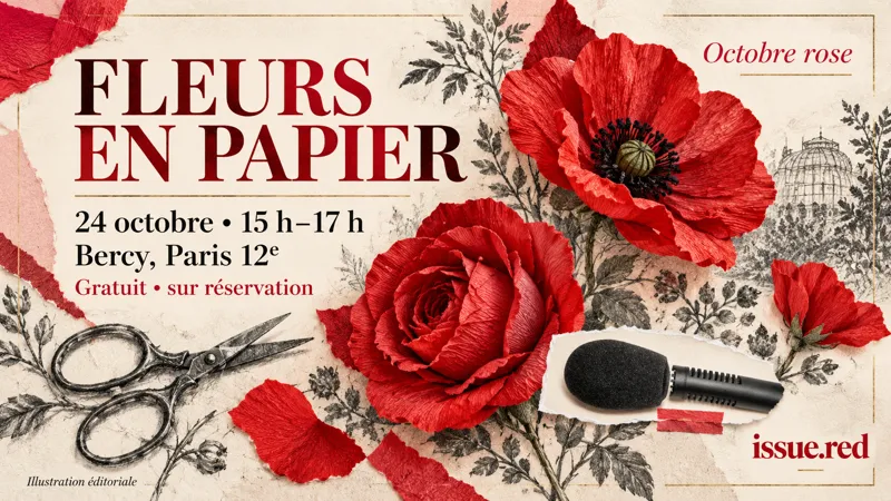 Fleurs de papier rouges et outils de création dessinés au fusain, avec un petit fragment de photographie de microphone d’archive