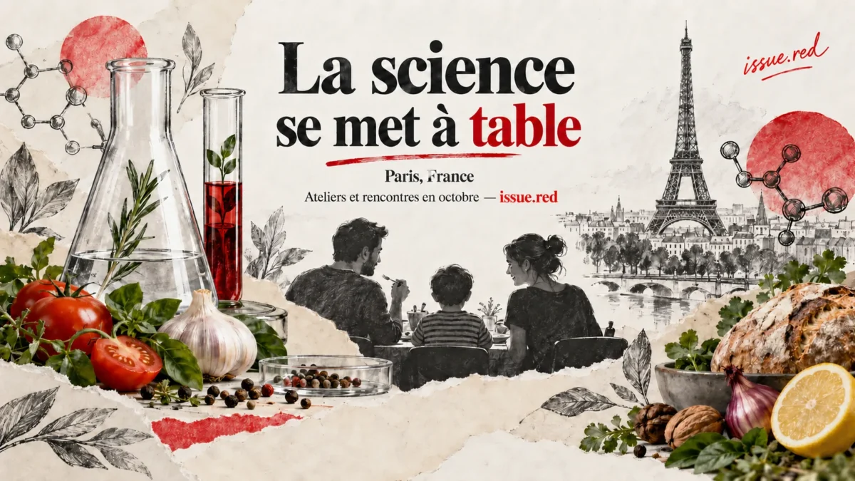 Collage éditorial mêlant ingrédients et instruments scientifiques pour la Fête de la science