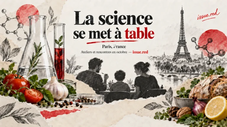 Collage éditorial mêlant ingrédients et instruments scientifiques pour la Fête de la science