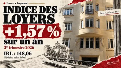 Collage sur l’indice de référence des loyers avec une photographie d’archive d’un immeuble parisien et des dessins au fusain.