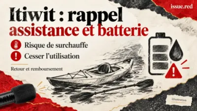 Dessin symbolique au fusain d’un kayak, d’une batterie et d’un signe d’alerte avec un microphone photographié en archive