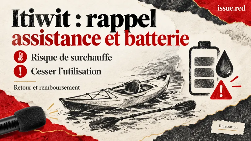 Dessin symbolique au fusain d’un kayak, d’une batterie et d’un signe d’alerte avec un microphone photographié en archive