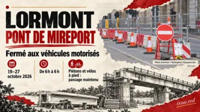 Couverture sur les restrictions du pont de Mireport, avec photographie d’archive de barrières de chantier à Nottingham et dessin symbolique.