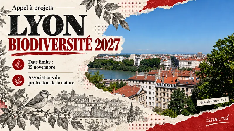 Collage éditorial associant une vue ancienne de Lyon et des dessins illustratifs de biodiversité