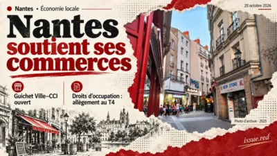 Collage éditorial associant une photographie d’archive de la rue du Bouffay et des dessins de commerce et de téléphone