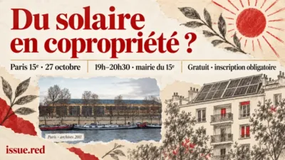 Collage avec une photographie ancienne de Paris et des dessins illustratifs de panneaux solaires et d’un immeuble.