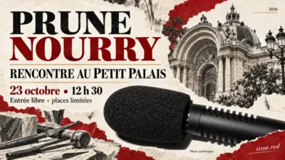 Collage d’un microphone d’archives et de dessins symboliques pour une conférence, sans portrait de l’artiste
