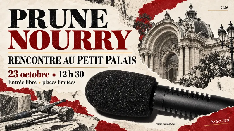 Collage d’un microphone d’archives et de dessins symboliques pour une conférence, sans portrait de l’artiste